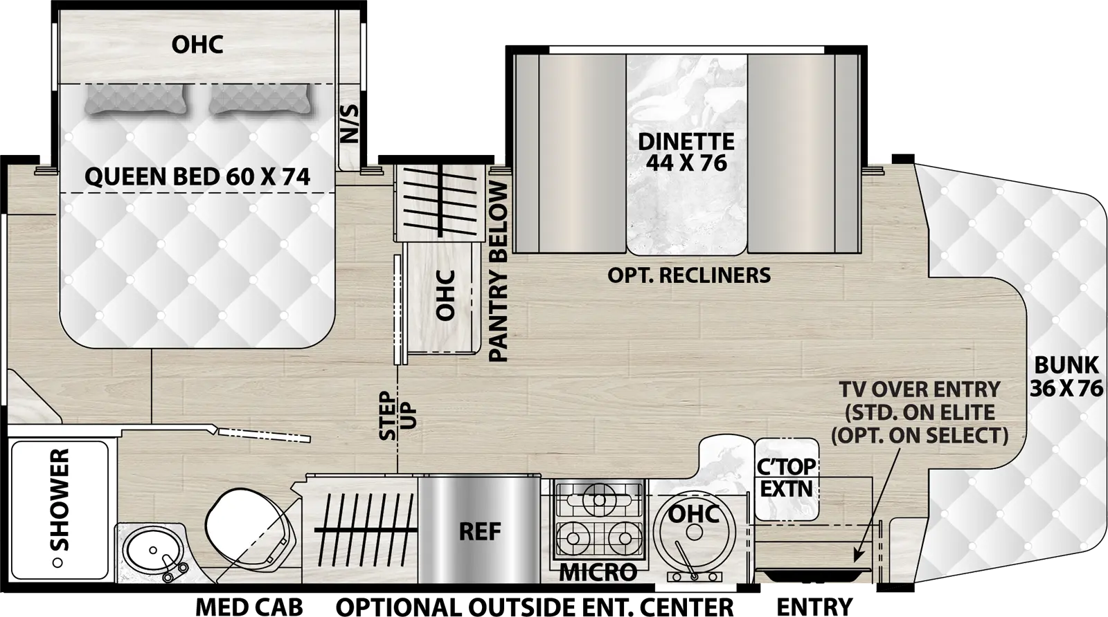 The Prism 24DSE has one entry and two slide outs. Exterior features include: 14' awning and outside entertainment. Interiors features include: rear bedroom, bathroom and a half and bunk over cab.